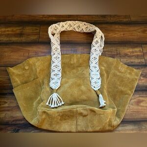 Free People Large Mustard Yellow Suede Tote Bag w/ Braided Woven Straps